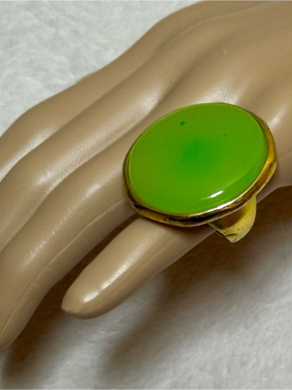 Gold-Plated Ring with Bright Green Oval Stone - Women size 6